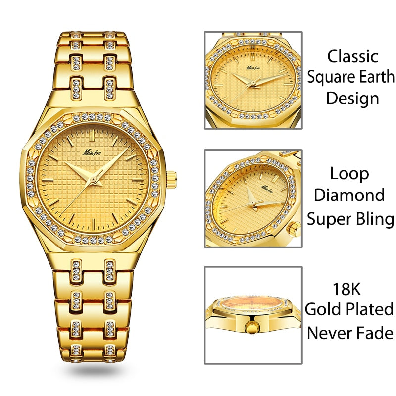 MISSFOX Modeuhren Damen teure 18K Gold Damen Armbanduhr Damen Quarz Klassisch Analog Diamant Schmuck Handuhr