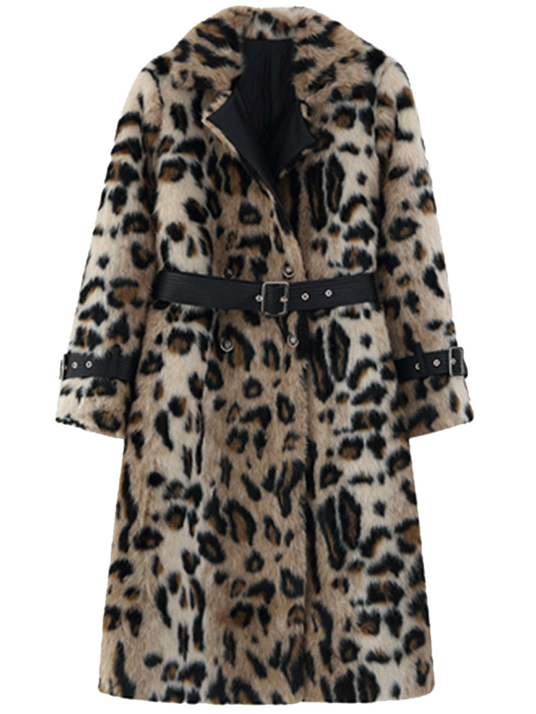 Lautaro Winter Long Leopard Print Warm Fluffy Faux Fur Trench Coat for Women Long Sleeve Double Breasted European Fashion 2021