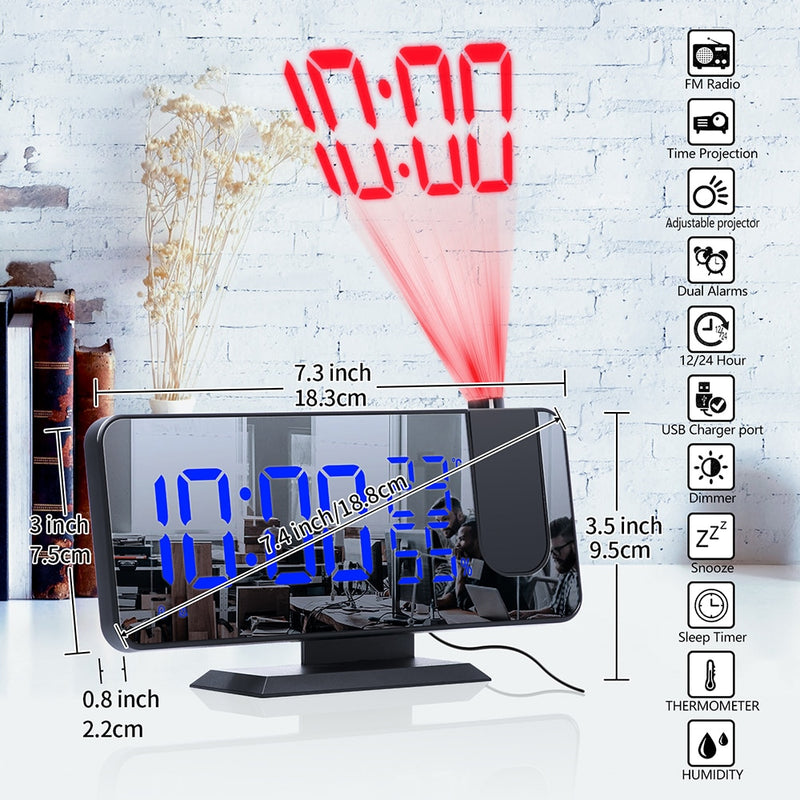 3-farbiger LED-Digitalwecker mit Radioprojektion und Spiegeluhr für Temperatur und Luftfeuchtigkeit, multifunktionale Nachtzeitanzeige