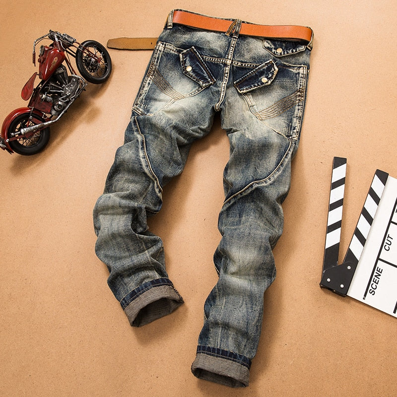 Herren-Jeans-Hosen Splicing Jean Denim-Hosen Biker-Qualität, männlich, gerade, lässig, Designer, viele bequeme Taschen