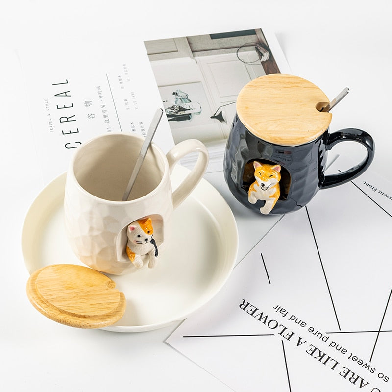 430ml Cute Animals Relief Ceramics Mug With Lid and Spoon Coffee Milk Tea Handle Cup Novelty Gifts