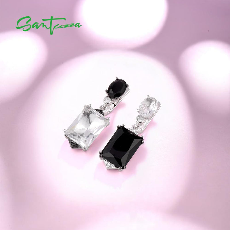 SANTUZZA Silver Earrings For Women Pure 925 Sterling Silver Sparkling White Black Crystal Drop Earrings Stunning Fine Jewelry