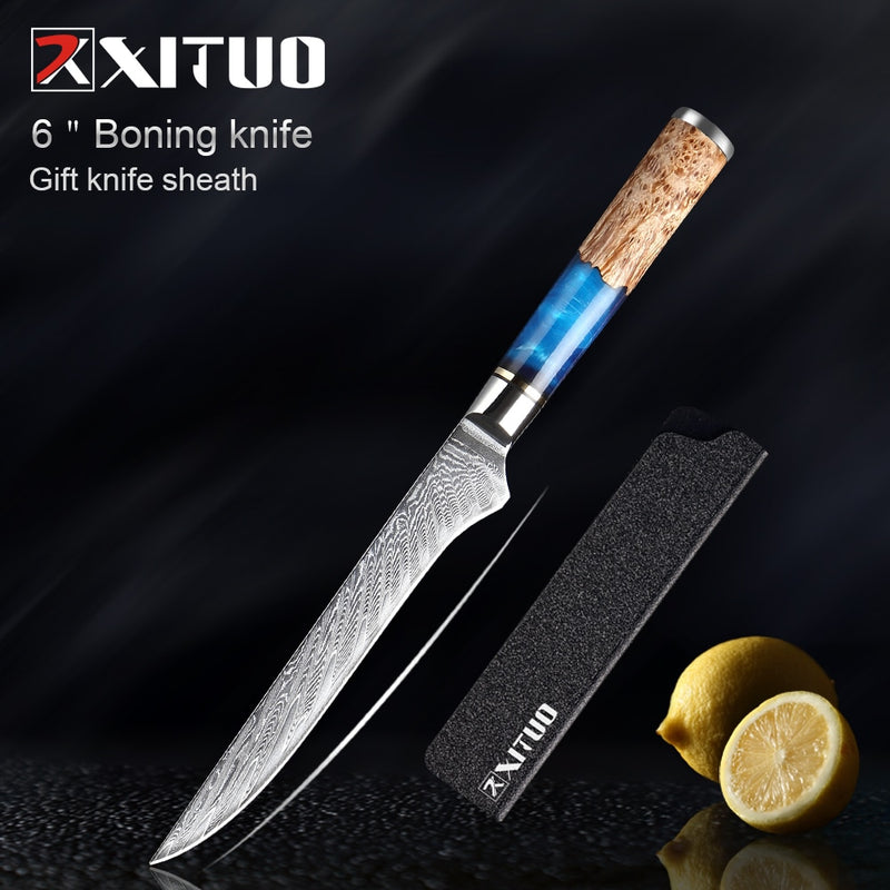 Juego de cuchillos de cocina XITUO, cuchillo de Chef de acero de Damasco, cuchillo de carnicero para pelar, cuchillo de pan, herramienta de cocina, mango de resina azul, 1-6 unids/set