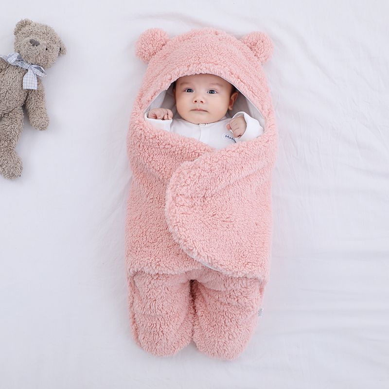 Infant Bat-Style Wrapped Velcro Sleep Sack Baby Winter Fleece Sleeping Bag Newborn Swaddle Blanket Bear Modeling Pajamas 1-3M