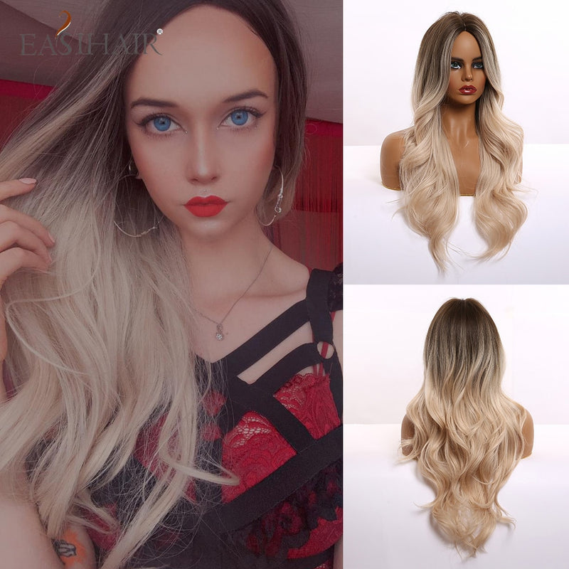 EASIHAIR Lange gewellte braune synthetische Perücken mit blonden Strähnchen Cosplay Naturhaarperücken Hochtemperaturfaser für schwarze Frauen