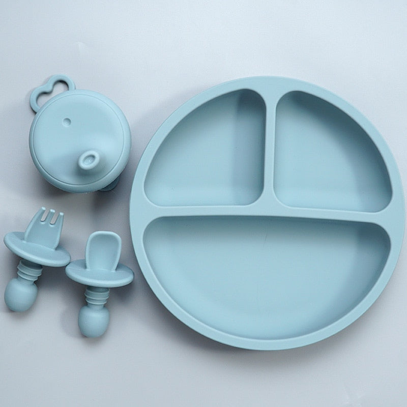 Accesorios para bebés, plato de cena de silicona para alimentación de niños pequeños, cuchara tenedor infantil suave impermeable con cubierta de taza de silicona portátil para niños