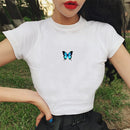 Fashion Cartoon Blue Butterfly Print Crop Top Harajuku O Neck Cropped T Shirt Cute Women T-shirt Gothic Women Tshirt Streetwear