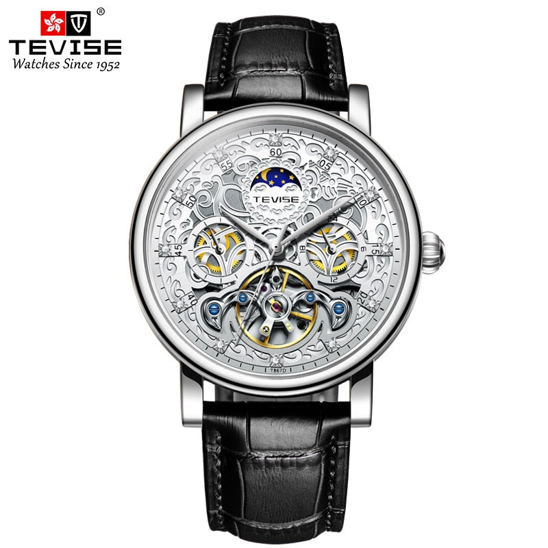 TEVISE Brand Classic Retro Men Watches Automatic Mechanical Watch Men Tourbillon Clock Genuine Leather Waterproof Business Watch