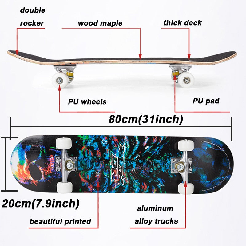 Jusenda Skateboard Double Rocker 80cm Jungen Mädchen Mini Longboard Komplett Teenager Skateboard Ahorn Deck mit Kugellager Räder