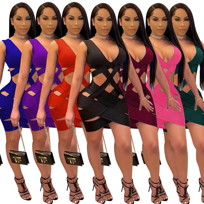 2021 Dress for Women Sexy Weave Deep V Neck Backless Hollow Out Bodycon Mini Women Dress Elegant Night Club Party Dresses Robe
