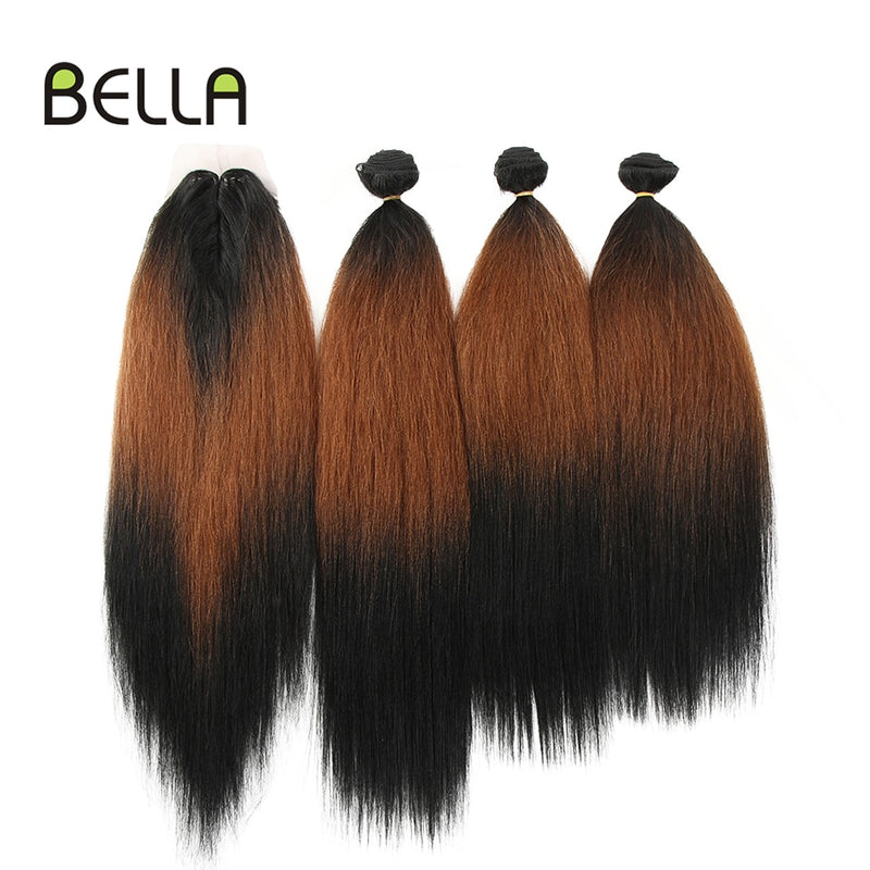 Yaki Straight Hair Bundles Ombre Bundles Synthetic Hair 4Pcs/Pack 18-22inch 245g Bundles With Closure BELLA Weave Hair Extension