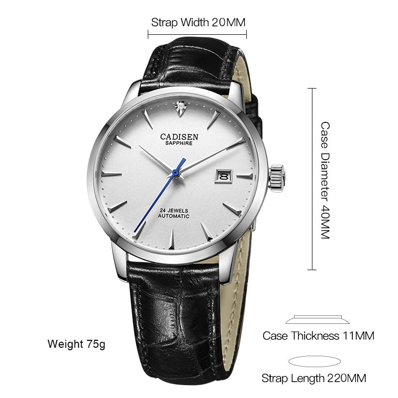 CADISEN Herrenuhren Automatische mechanische Armbanduhr MIYOTA 9015 Top-Marken-Luxus-Uhr mit echten Diamanten, gebogene Saphirglasuhr