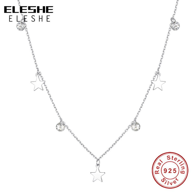 ELESHE Real 925 Sterling Silver Dazzling Cubic Zircon Round & Star Pendant Necklaces for Women Choker Necklace Silver Jewelry