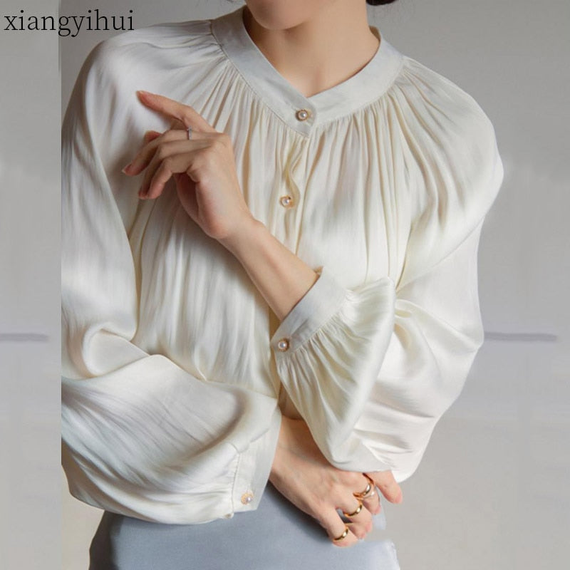 Pearl White Satin Shirt Women Spring Summer Long Sleeve Faux Silk Blouse Female Fashion Ladies Tops Loose Vintage Shirts Blusa