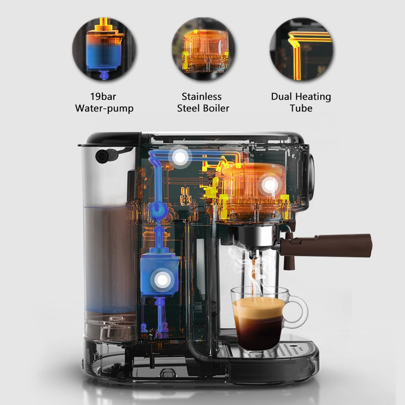 HiBREW totalmente automática Espresso Cappuccino Latte 19Bar 3 en 1 máquina de café automática espuma de leche caliente ESE pod y café molido H8A