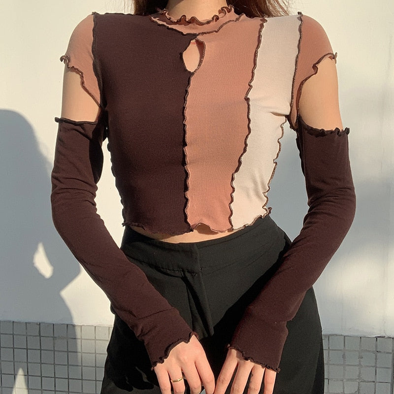 Frill T Shirt Cut Out Crop Top For Women Y2K Pullovers Contrast Long Sleeve Short T Shirt Harajuku Clubwear Autumn Top