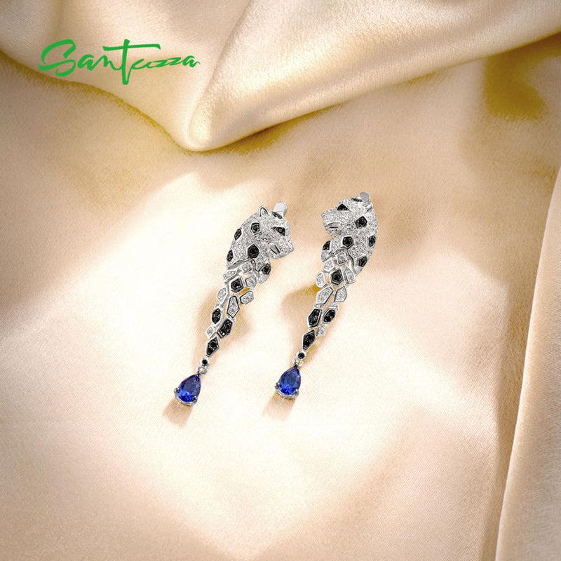 SANTUZZA Silver Earrings For Women 925 Sterling Silver Leopard Sparkling Blue Cubic Zirconia Drop Earrings Trendy Fine Jewelry