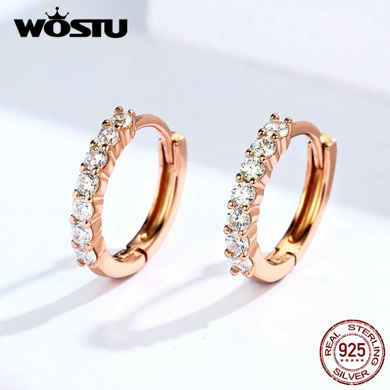 WOSTU New Genniue 925 Sterling Silver Rose Golden DIY Earrings With Zircon Hoop Earrings For Women Making Jewelry CQE351-C