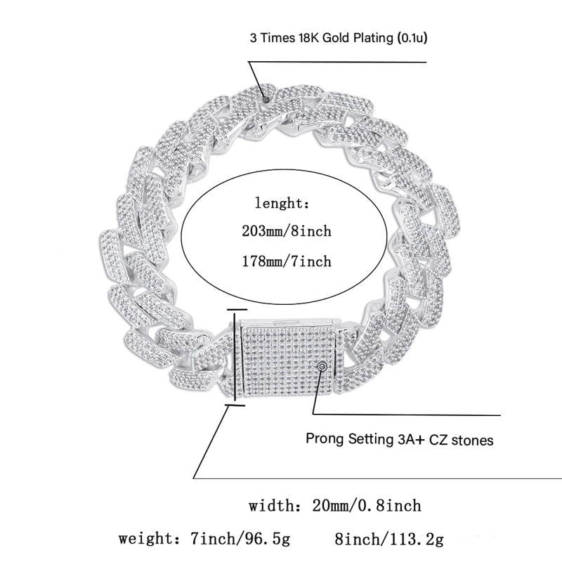 TOPGRILLZ Micro pavimentado circonita cúbica cierre de caja grande 20mm pulsera cubana Bling Hip hop joyería AAA CZ pulsera de cadena cubana 7-9 pulgadas