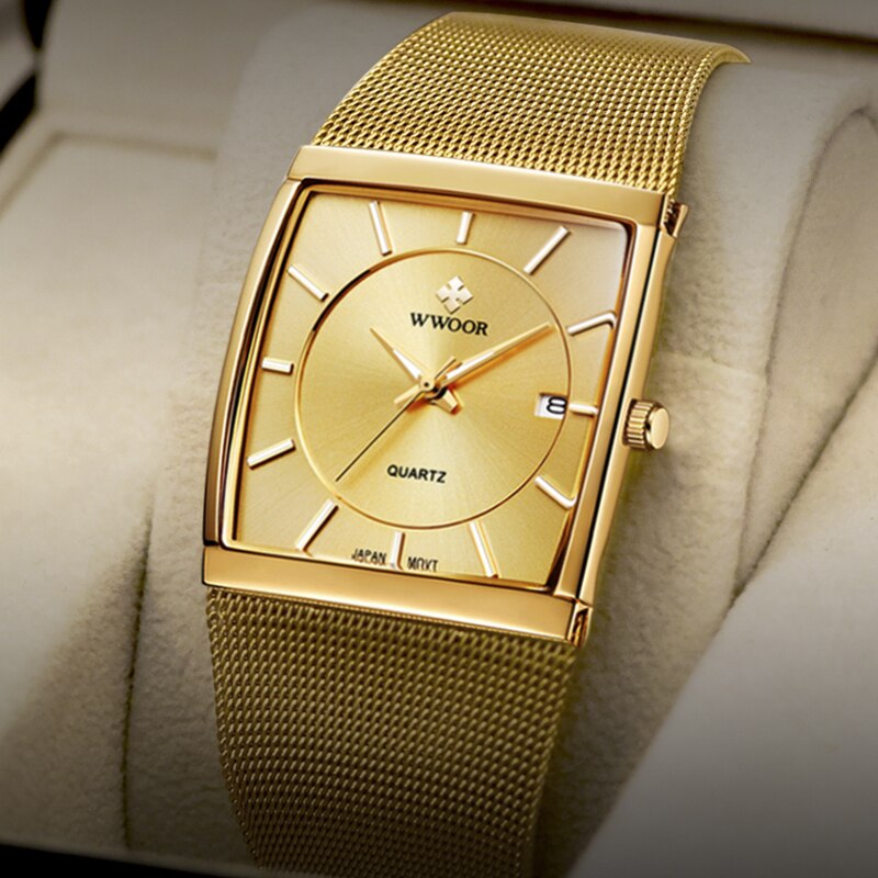 WWOOR Luxus Gold Uhr Männer Quadratisch Japan Quarz Schlank Stahl Mesh Wasserdicht Sport Automatische Datum Armbanduhren Relogio Masculino