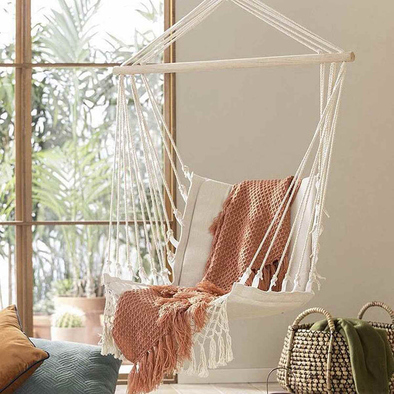 Outdoor Nordic Interior Hammock Chair Home Garden Swing Tassel Hanging Hammock Furniture Indoor Dormitory Chair with Wooden Rod