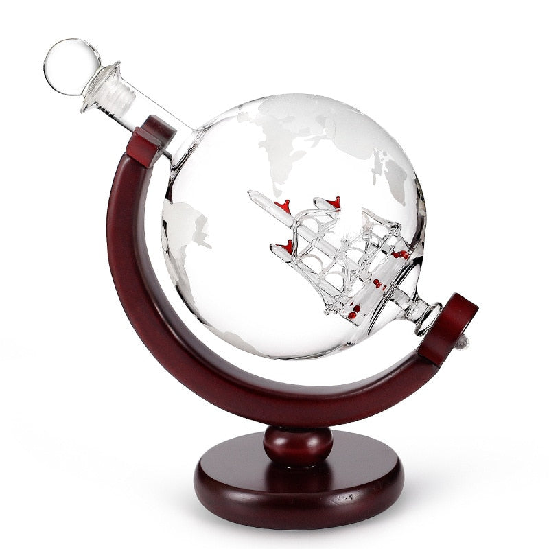 Whiskey Decanter Globe Wine Aerator Glass Set Sailboat Skull Inside Crystal with Fine Wood Stand Liquor Decanter for Vodka