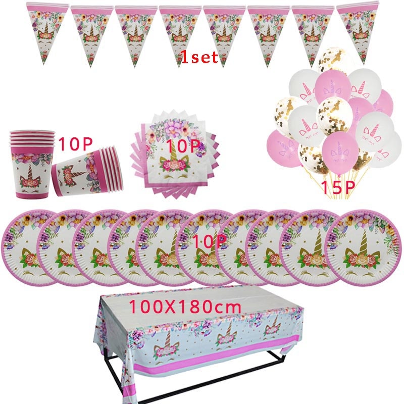 Unicorn Party Supplies Disposable Tableware Set Kids Birthday party Decoration Unicornio Decor Plates Cup Banner Baby Shower