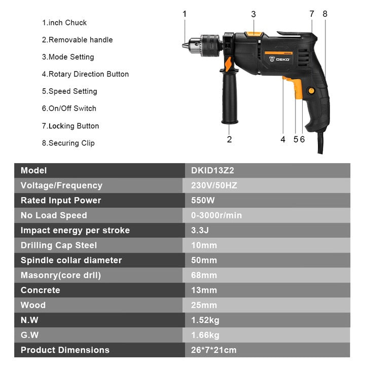 DEKO 220V Electric Screwdriver 2 Functions Electric Rotary Hammer Drill Power Tools Electric Tools(DKIDZ Series)