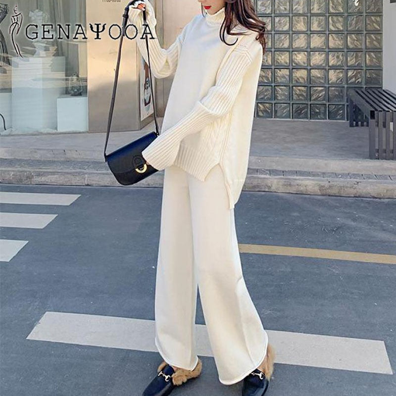 Genayooa Turtleneck Pullover 2 Piece Set Women Warm Winter 2020 Knit Sweater Two Piece Set Top And Pants Tracksuit Women Korean