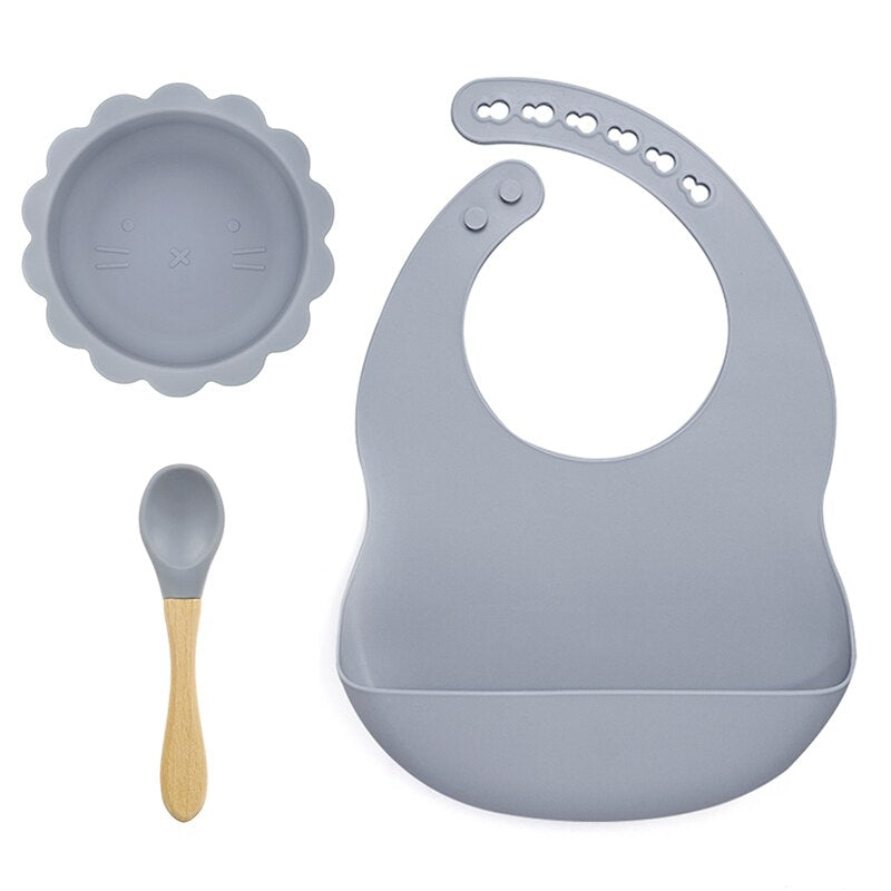 BPA Free Baby Silicone Tableware Waterproof Bib Flexible Saliva Towel Solid Color Sucker Bowl And Spoon For Children