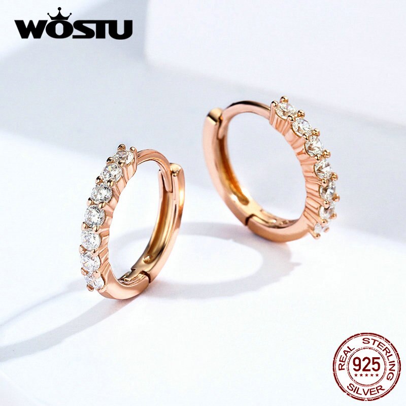 WOSTU New Genniue 925 Sterling Silver Rose Golden DIY Earrings With Zircon Hoop Earrings For Women Making Jewelry CQE351-C