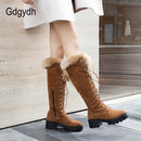 Gdgydh, zapatos de invierno con cordones, botas de nieve para mujer, botas de piel auténtica para mujer, tacón grueso de ante hasta la rodilla, cálido para exteriores con cremallera, talla grande 43
