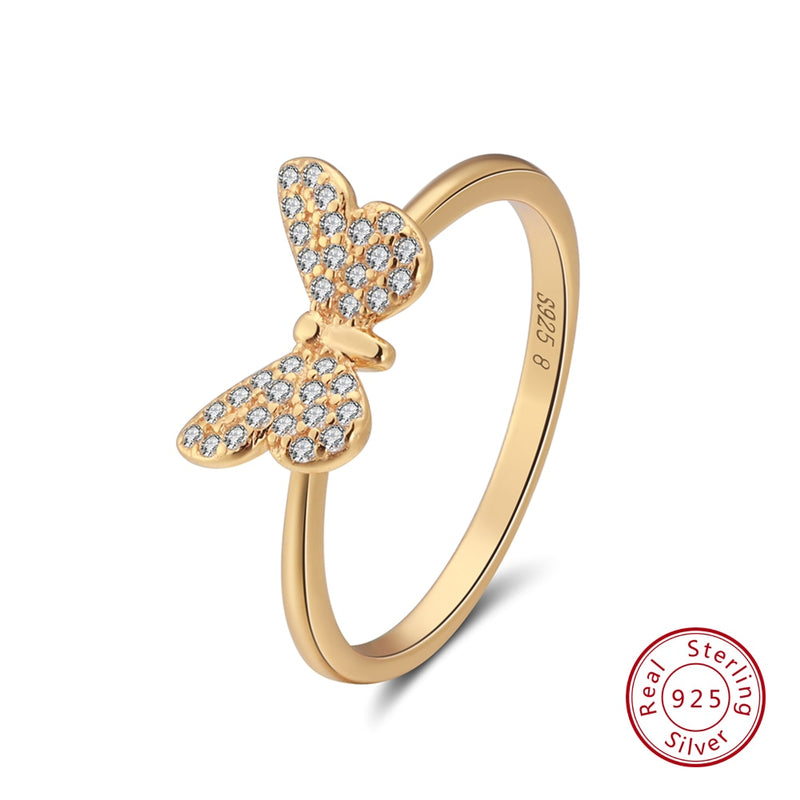 Effie Queen, anillos de plata de ley 925 auténtica para mujer, forma de mariposa con circonita AAA, anillo de plata/oro, joyería femenina BR59