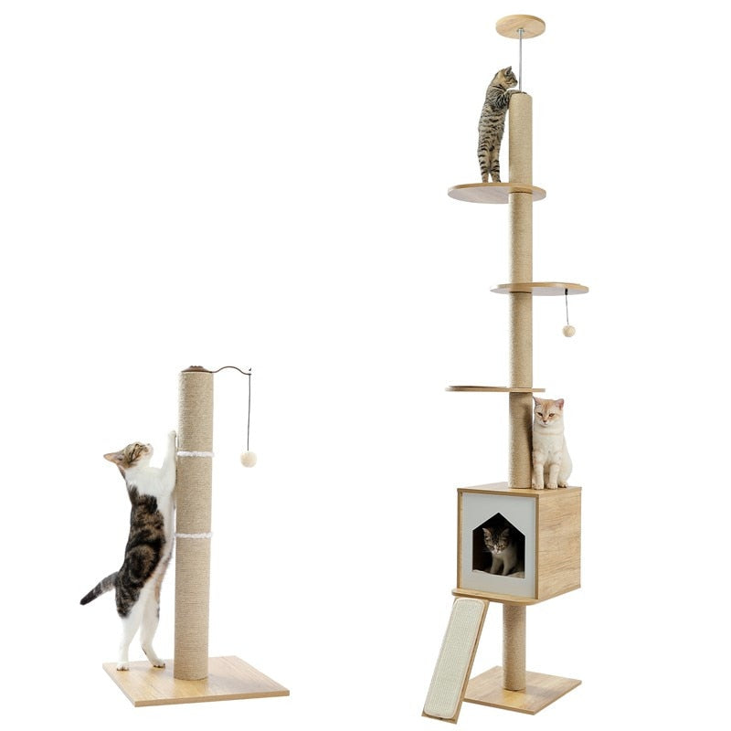 Four Tier Floor-to-Ceiling Cat Tree + Scratching Post Toy- 94.5-102.4 in Modern Cat Climbing Tower with a Scratcher Beige