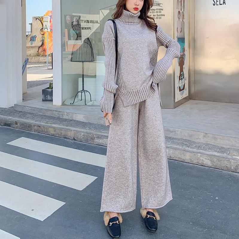 Genayooa Turtleneck Pullover 2 Piece Set Women Warm Winter 2020 Knit Sweater Two Piece Set Top And Pants Tracksuit Women Korean