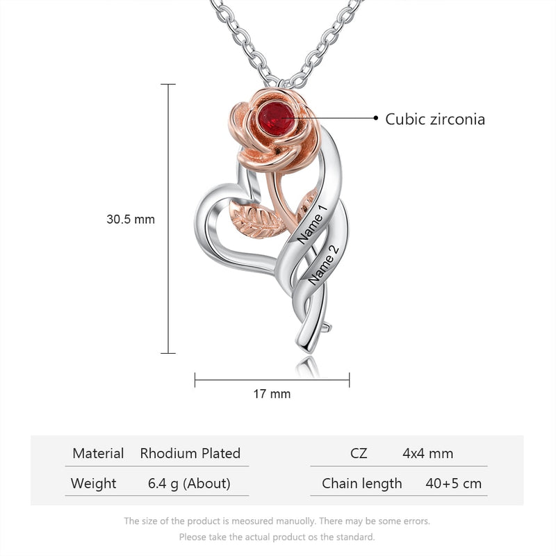 JewelOra Personalisierte Halskette mit Namensgravur, Rose, Blume, Anhänger, 12 Farben, Geburtsstein-Halskette, Valentinstagsgeschenk