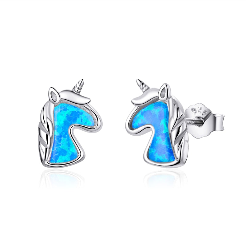 WOSTU 925 Sterling Silver Opal Stud Earrings Cat Unicorn Heart Blue Opal Earrings For Women Original Silver 925 Jewelry