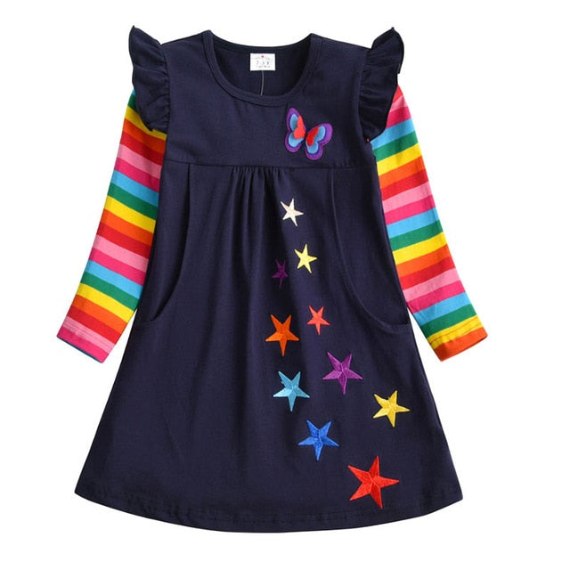 VIKITA Girls Cotton Dress Kids Cartoon Appliqued Vestidos Children Casual Wear Clothes Girls Long Sleeve Patchwork Dresses