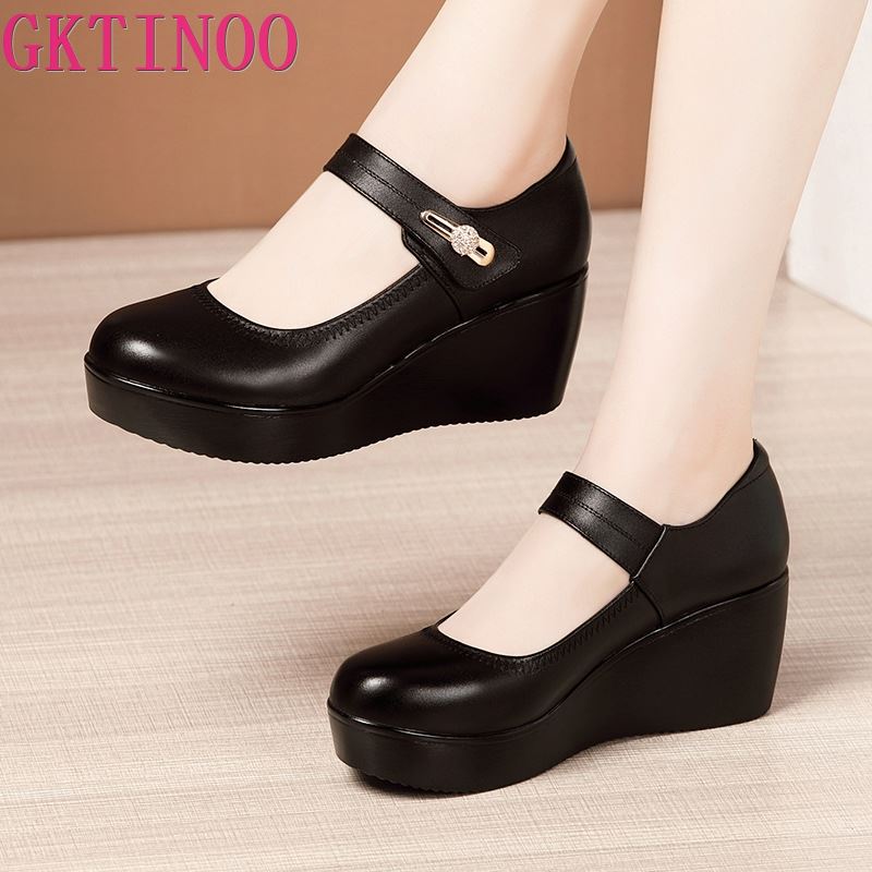 GKTINOO 2022, zapatos de cuero de primavera para mujer, zapatos de cuña con plataforma, tacones altos, punta redonda, zapatos de tacón negros cómodos para mujer, talla grande 33-43