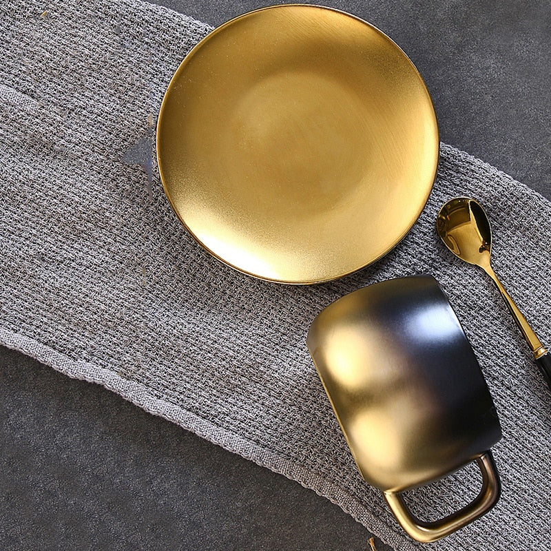 Taza de café de cerámica de oro negro de lujo, juego de taza y platillo de leche para desayuno, café expreso, té, con cuchara y platillo, juego de caja de regalo