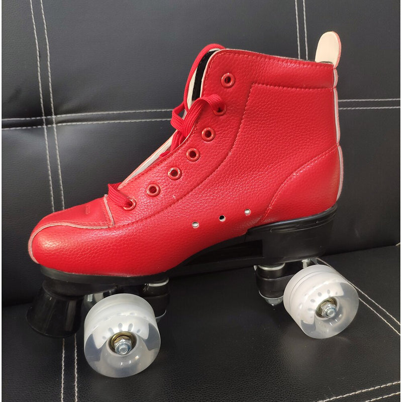 Zapatos de Patines de doble fila de cuero Artificial rojo para mujer y hombre, zapatos de Patines de 4 ruedas para deportes al aire libre