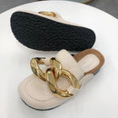 SUOJIALUN  New Brand Design Gold Chain Women Slipper Closed Toe Slip On Mules Shoes Round Toe Low Heels Casual Slides Flip Flop