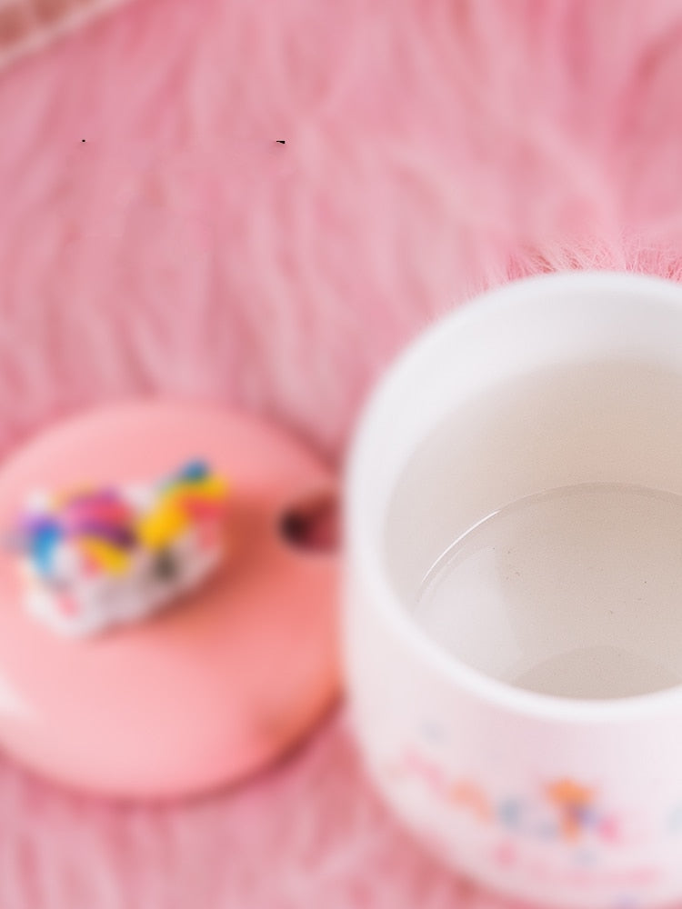 Süße Einhorn-Kaffeetasse mit 3D-Deckel und Löffel Keramik-Tee-Wasser-Tasse Geschenk für Frauen Mädchen Weiß 450 ml