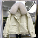 Janveny Real Fox Fur Women's Down Jacket 2021 Short Loose 90% White Duck Down Coat Fashion Female Big Pocket Puffer Snow Outwear