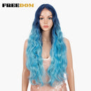 FREEDOM Synthetic Lace Wigs Long Natural Wave 30inch Omber Blue Rainbow Color Pink Hair Wigs Heat Resistant Fiber Cosplay Wigs