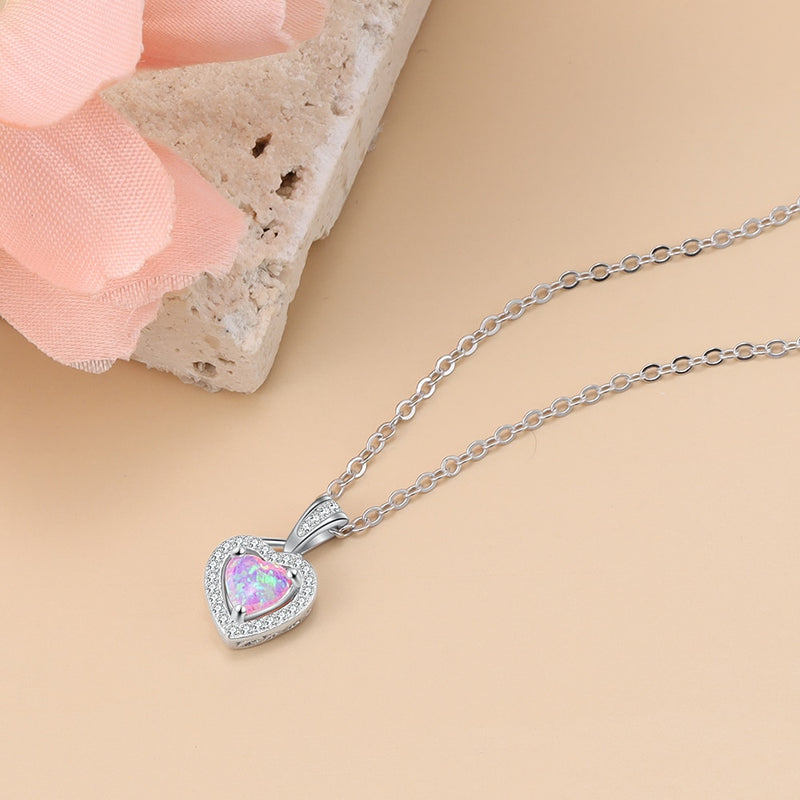 Silver Color Necklaces Heart Shape White Pink Blue Opal Necklaces &amp; Pendants with Cubic Zirconia Fashion Jewelry Gift  for Women