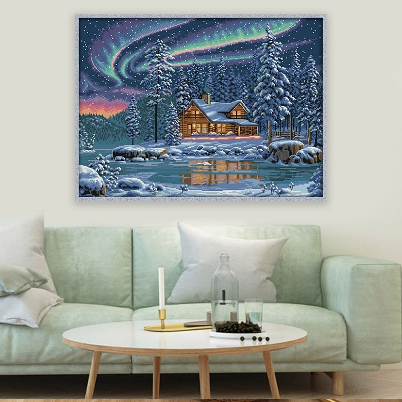 Die Aurora Borealis-Stickerei-Kreuzstichmuster-Kits, bedruckte Leinwand, 11 Karat, 14 Karat, Stickerei-Gemälde, Handarbeiten, Kreuzstich