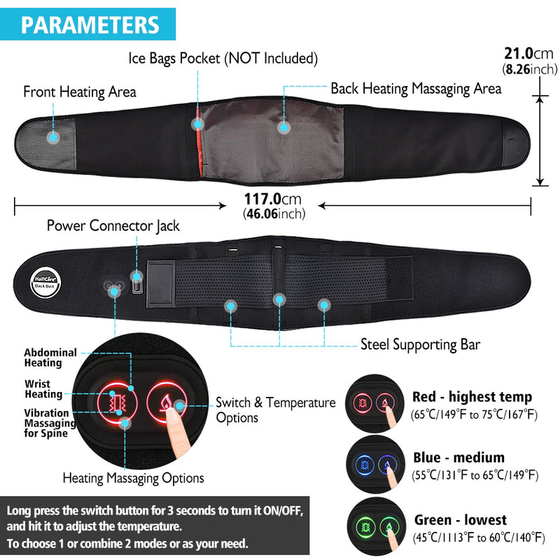 Masaje de terapia de calor para la cintura, cinturón de masaje con luz roja para aliviar el dolor, soporte para hernia de disco, masajeador de espalda Lumbar para columna