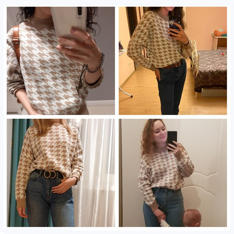 2022 Geometrische Khaki Strickpullover Frauen Casual Houndstooth Pullover Pullover Weibliche Herbst Winter Retro Jumper Top Kleidung