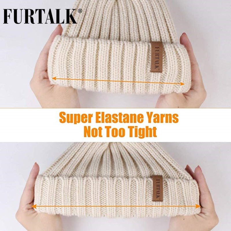 Furtalk Echtpelz Bommel Beanie Mütze Damen Winter Strickmütze Warme echte große Waschbär Pom Pom Mütze für Damen